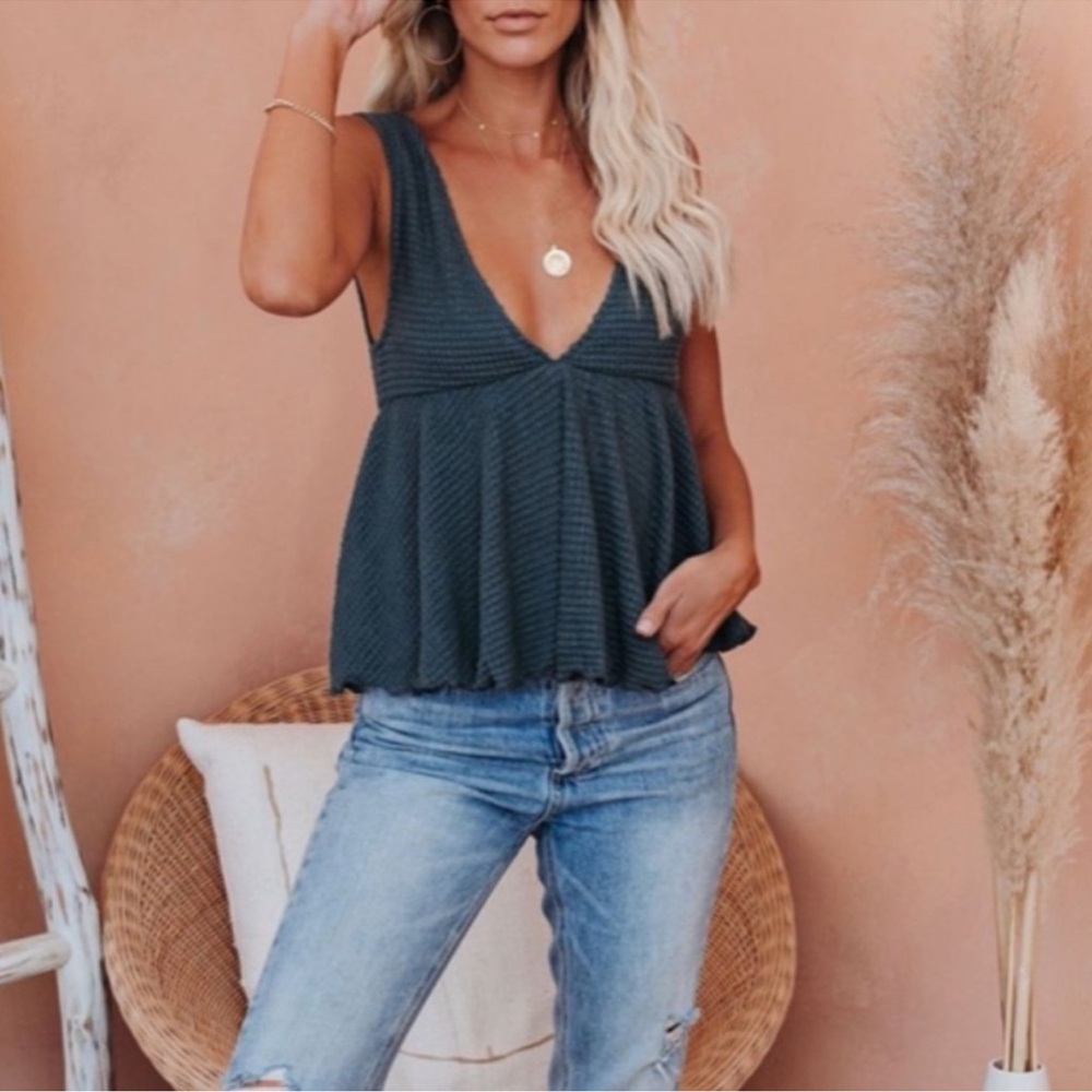 Babydoll Deep V Neck Lightweight Knit Top Blue Green Teal